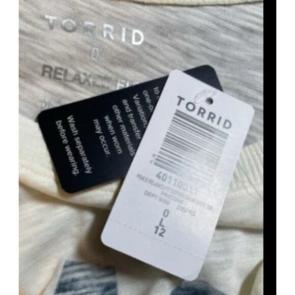 Torrid 0/L Cream Heather Peace Graphic Crew Neck Cotton Relaxed Short Sleeve Tee - Picture 6 of 6